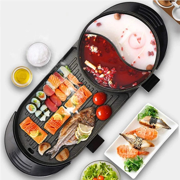 indoor tabletop electric hotpot bbq electric griller bbq korean electric smoker bbq grill manufacturer smokeless with hot pot