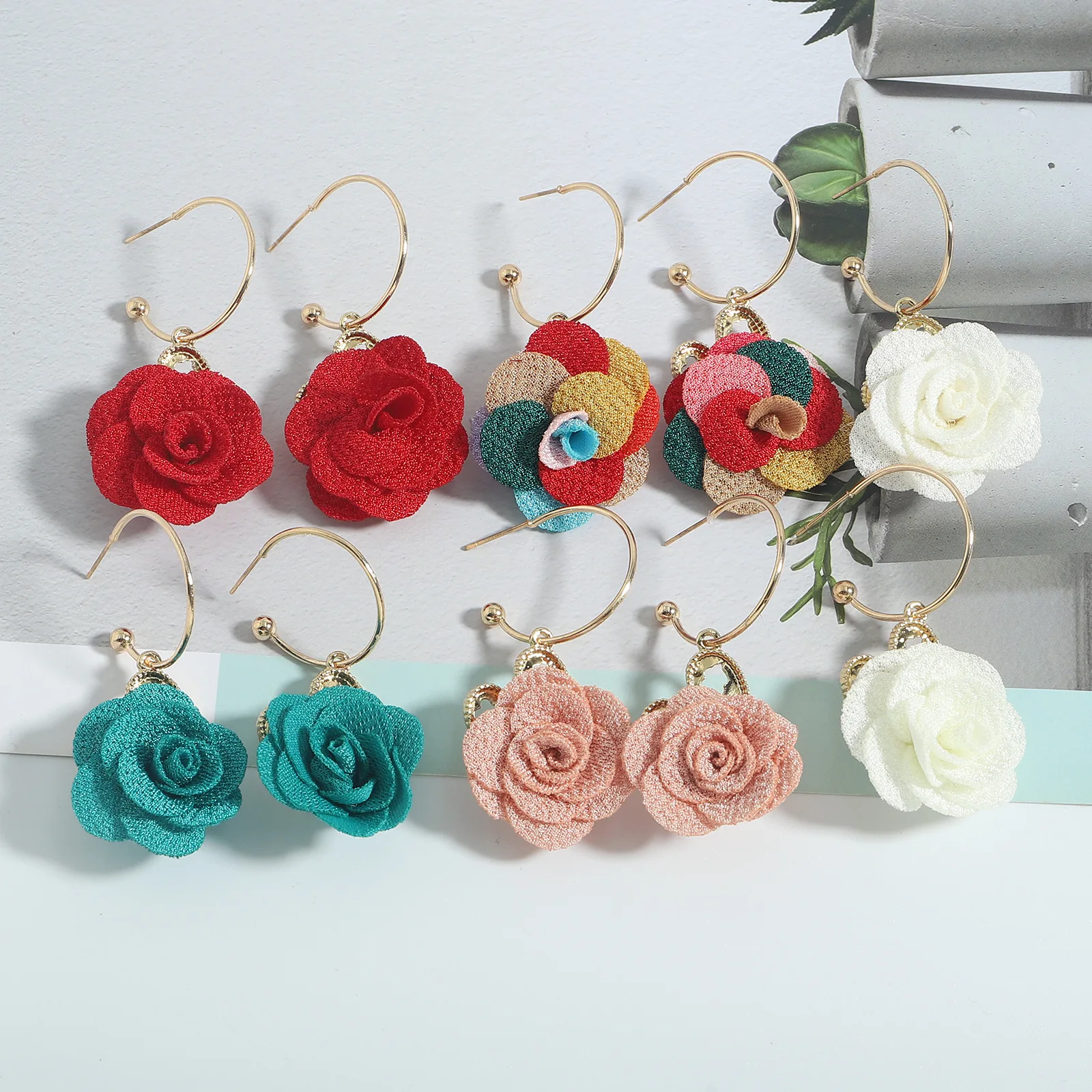 European and American French style 2021 new trendy Hong Kong style elegant flower cloth earrings