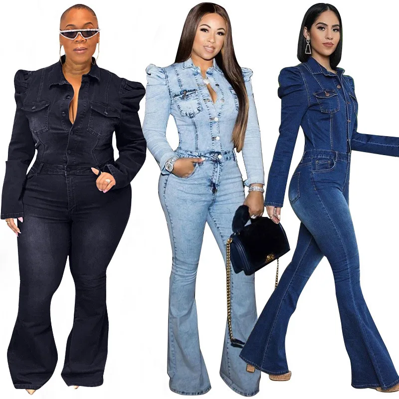 Hot Sale Plus size fall denim romper Skinny Womens Denim Overalls Jeans Jumpsuit long Sleeve women bodycon jumpsuits