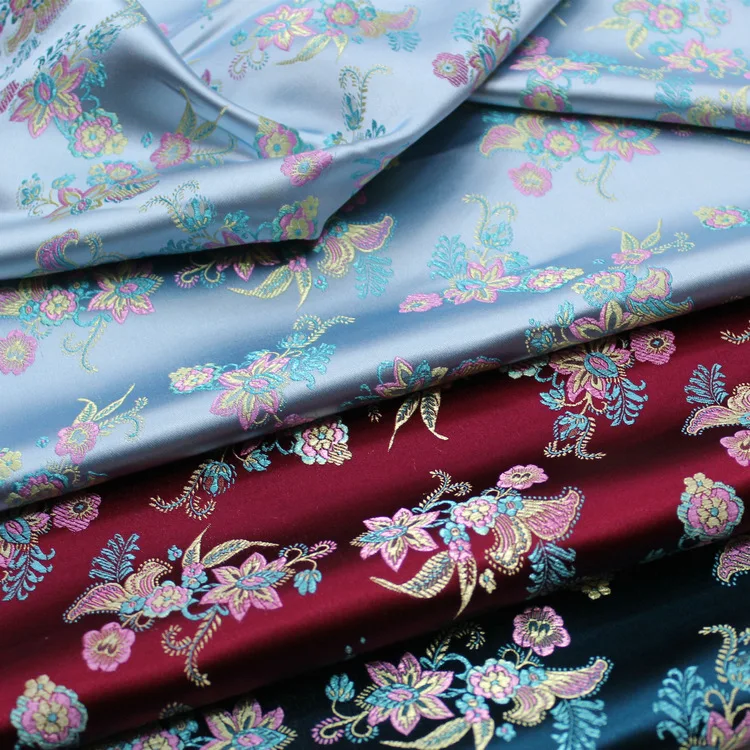 Chinese-Style Silk Satin Embroidered Floral Fabric Decorated With Jacquard Brocade Fabric