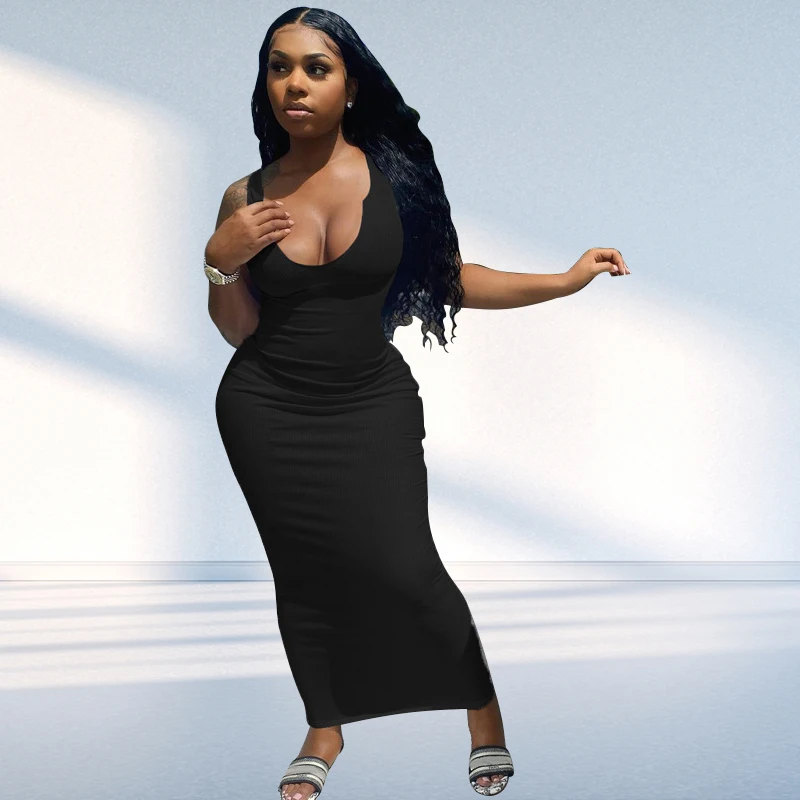 
New Arrivals Women Solid Color knitted maxi dresses skinny bodycon summer dresses ladies casual 