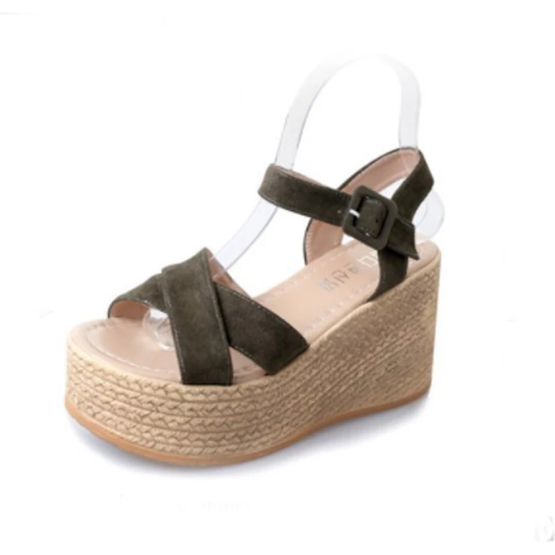 HLS057 straw sole sandals 9cm platform heels wedges ladies shoes