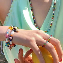 Bohemian rainbow color beaded daisy flower necklace bracelet ring set