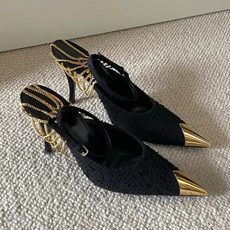 rose Park Chae-young with the same high heels 22 early spring black sexy metal pointed thin heel shoes hollow sandals female