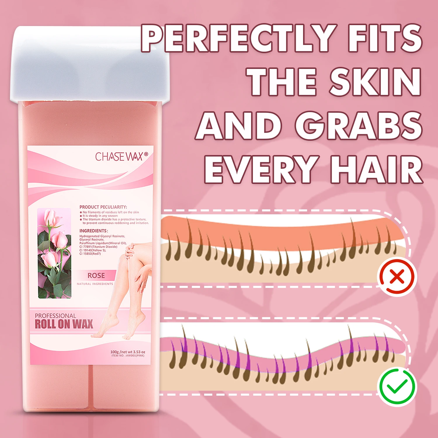 Chase Wax Moisturizing 100g Rose Pink Strips Wax Roll On Cartridge Soft Wax  For Sensitive Skin