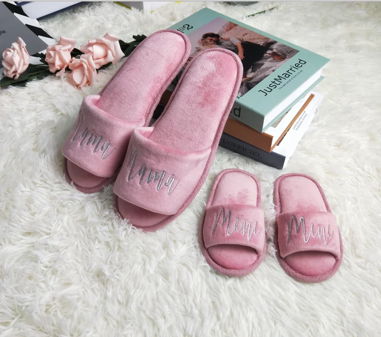 Fashion Parents and Kids Vegan Micro Velour Slider Slippers, Open Toe Mule House Slides Women and Baby Girls Spring Slippers
