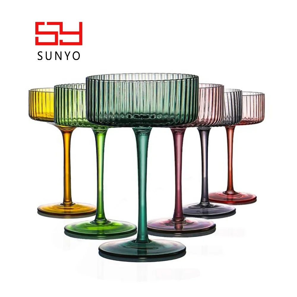 Classic Vintage Design Elegant Stripe Ribbed Coupe Cocktail Glass Leadfree Crystal Vintage Martini coloured glass cocktail set