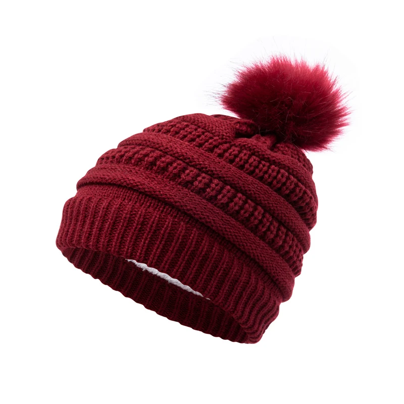 Kids Winter Embroidery Children Hat Custom Logo Baby Pom Pom Beanie Hats Beanies Fleece Lined Faux Fur Pom Warm Knit Skull Cap