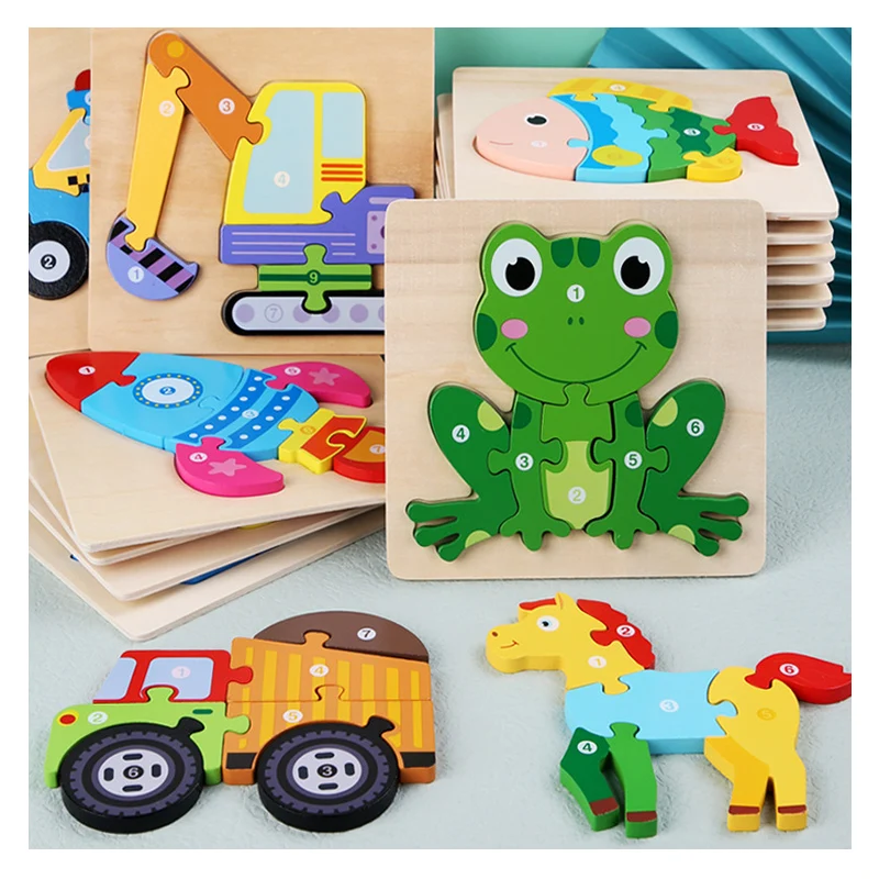 Amazon Hot Sale 3D Puzzle DIY Children Game Color Shape learning Wooden Animal Puzzle 1 2 3 Year Kids Toy