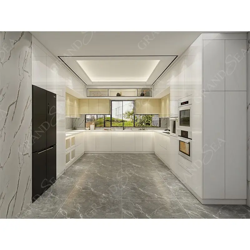 U Shaped Kitchen Factory Price White Color Modular Laminate Sheet Kitchen Cabinets Solid Wood Kitchen Furniture