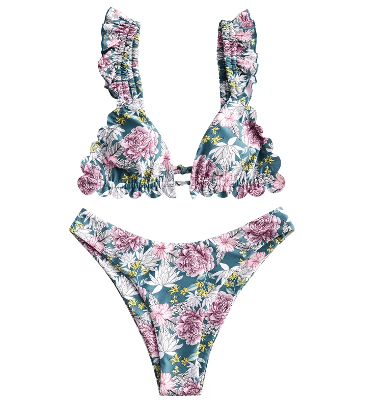 
Лидер продаж, купальники, бикини с оборками и цветочным рисунком, 2020, купальники 