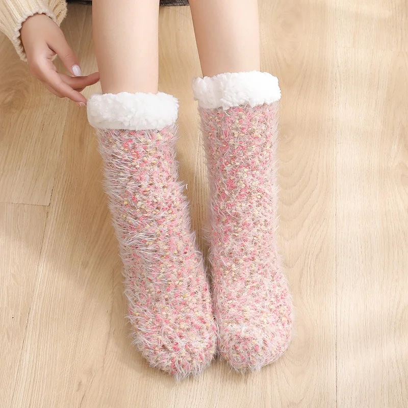 2024 Custom Winter Home Socks Non Slip Fuzzy Fluffy Floor Socks Warm Acrylic Cabin Slipper Socks