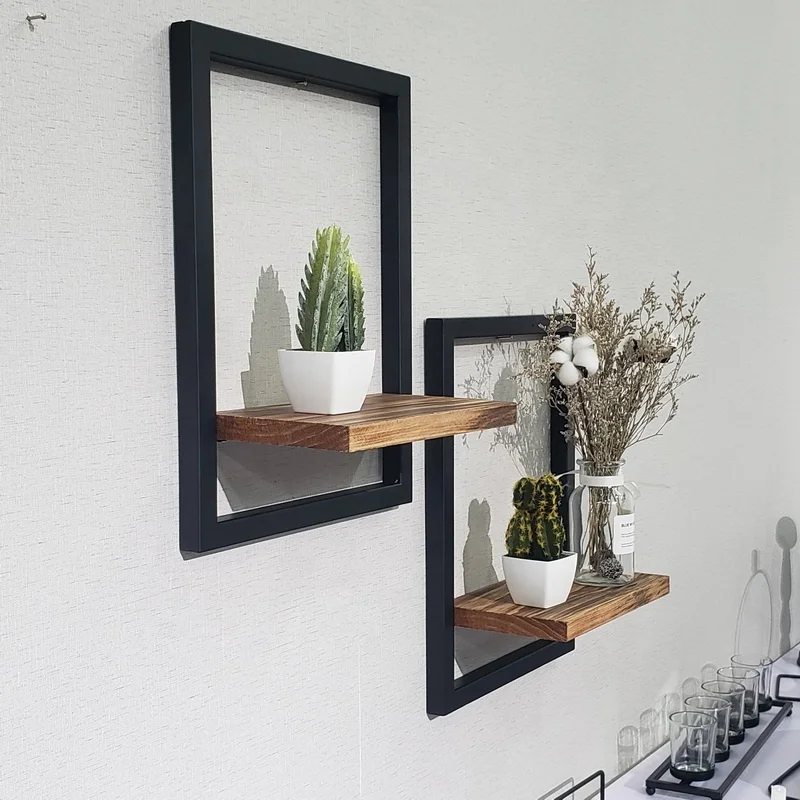 Black Wrought Iron Rack Display Natural Wooden Vintage Multi-function Wall Shelf for Living Room