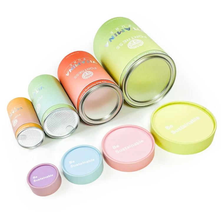 Custom eco-friendly food grade Powder Tin Lid Paper Tube Composite Can Packaging with easy tear lid