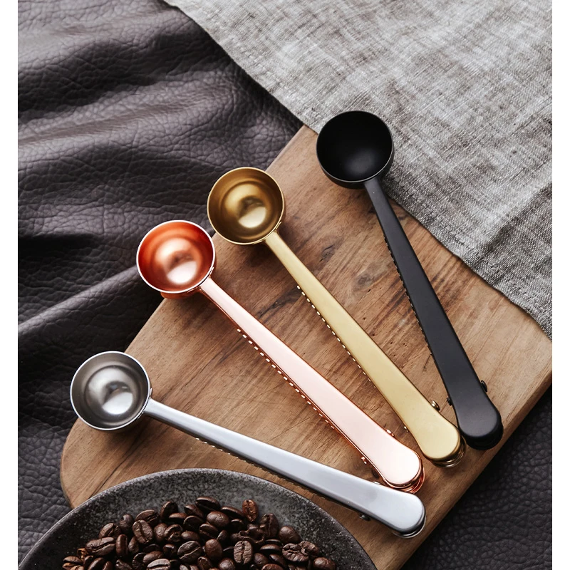 Drop Shipping Stainless Steel Teaspoon Gold Tea Coffee Beans Powder Rose Gold Weight Measuring Spoon With Clip