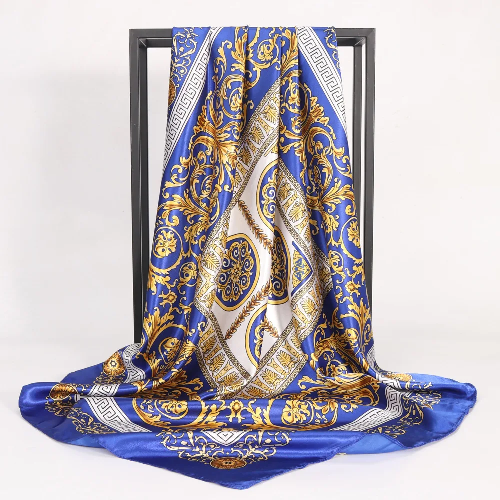 90*90 cm Custom Printing Satin Head Scarf Vintage Silk Luxury Scarf