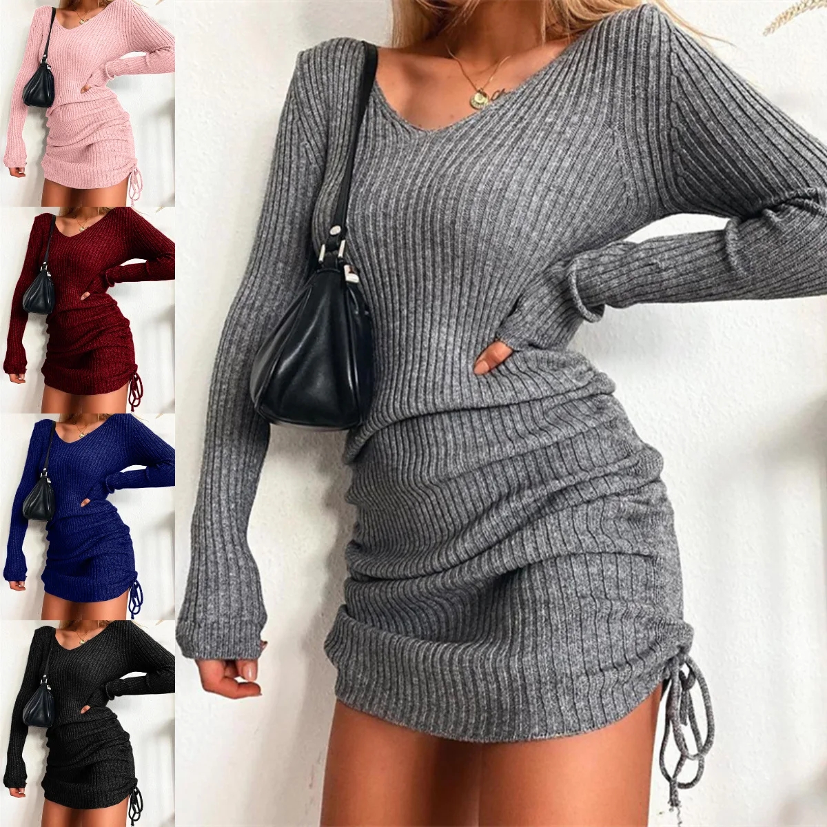 Knitted sweater V-Neck long sleeve autumn winter sexy slim threaded skirt pleated drawstring bottomed skirt