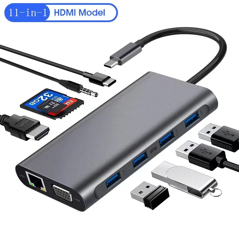 Multiport 11 in 1 USB C Hub 4K HDTV RJ45 Ethernet Adapter USB Type C Hub for Laptop Docking Station USB3.0 Hub