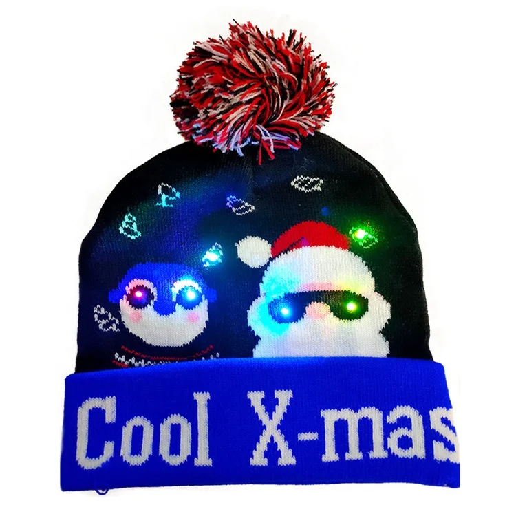 Factory Wholesale LED Christmas Hat Colorful Light-up Knitted Santa Sweater Xmas Party Beanie Cap for Adult Men Women