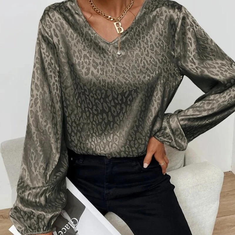 Hot Selling Early Spring V-neck Long Sleeve Blouse Lady Leopard Print Female Blouses and Shirts Top