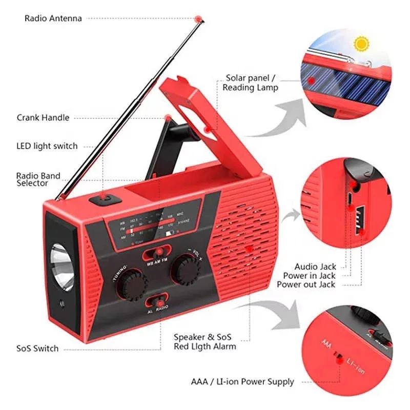 Solar Panel Radio Hand-cranked Flashlight Multi-function Radio Outdoor Waterproof Emergency portable Radio