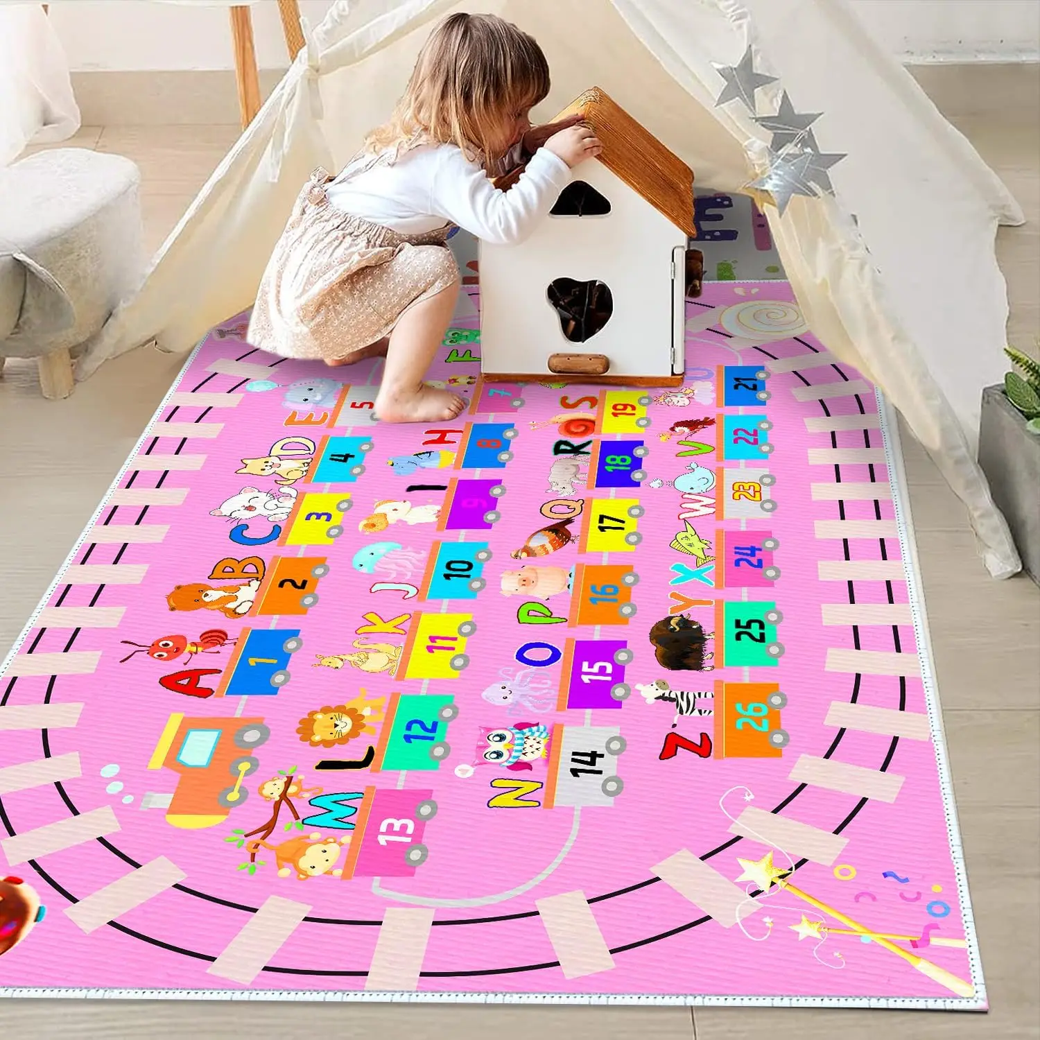 Kids ABC Pink Play Rug Alphabet Rugs with Numbers Animal Train and Road Shapes Learning Fun Educational Carpet Play mat for Kids