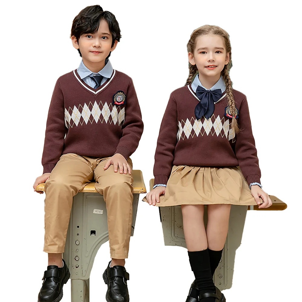
England style school uniform custom 100% cotton long sleeve pullover fashions crewneck sweater for kids 