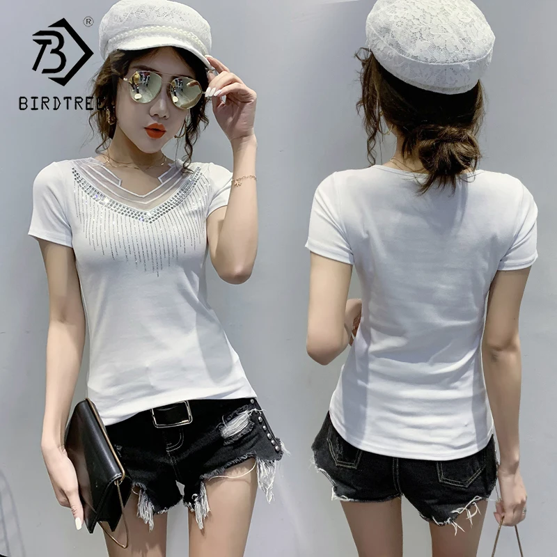 Black T-Shirt Women New V-neck Handmade Diamonds Beading Rivet Mesh Transparent Sexy Women Tops Tees Short Sleeve Summer T25504