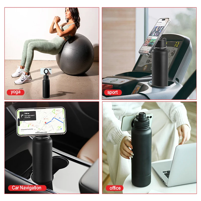 2024 Magnetic Water Bottle with phone holder Vacuum Water sports flask for Gym Top With Magnet Cell Phone Mount Stand