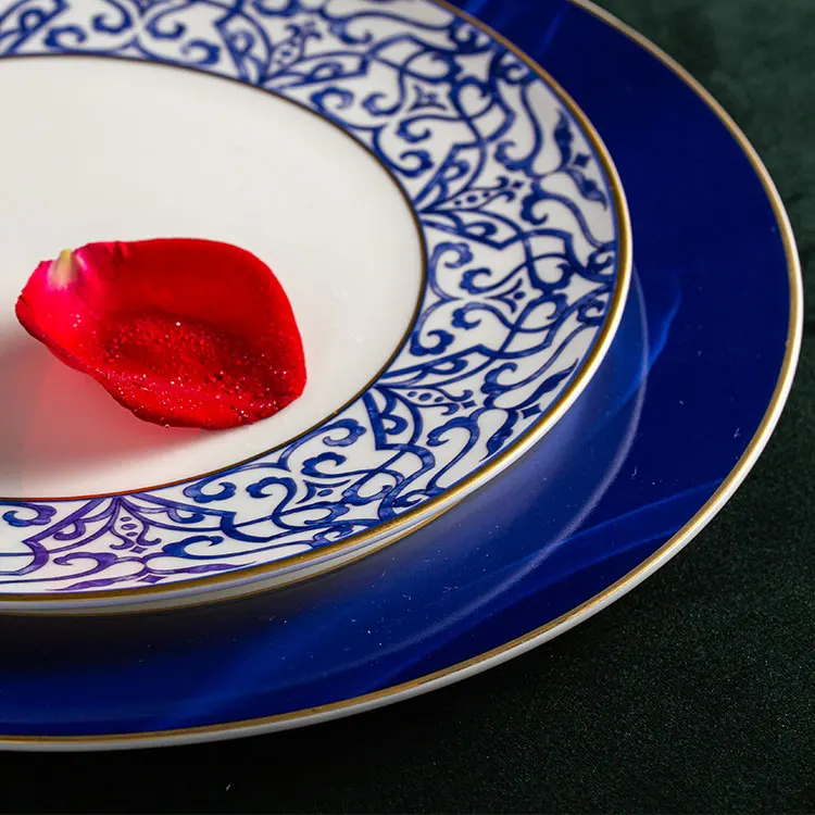 Porcelain Commercial Restaurant Supply Crockery Tableware Decal Blue Bone China Dinner Plate Dishes