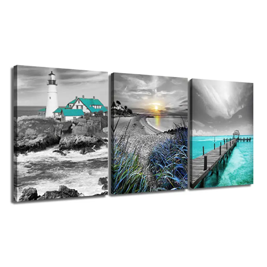 Original Art Modern 3pcs Seascape Lighthouse Canvas Print Painting OEM&ODM Oil Medium for Home Decor