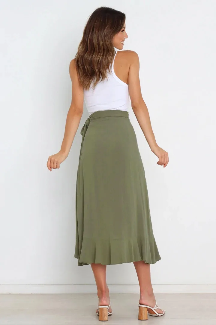 Trendy Casual Frill Hem Wrap Skirt With Belt Women Irregular High Waist Maxi Slit Midi Skirt