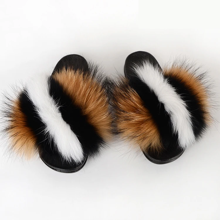 fur slippers with customized logo real  fox fur slides very beautiful  women and baby sets