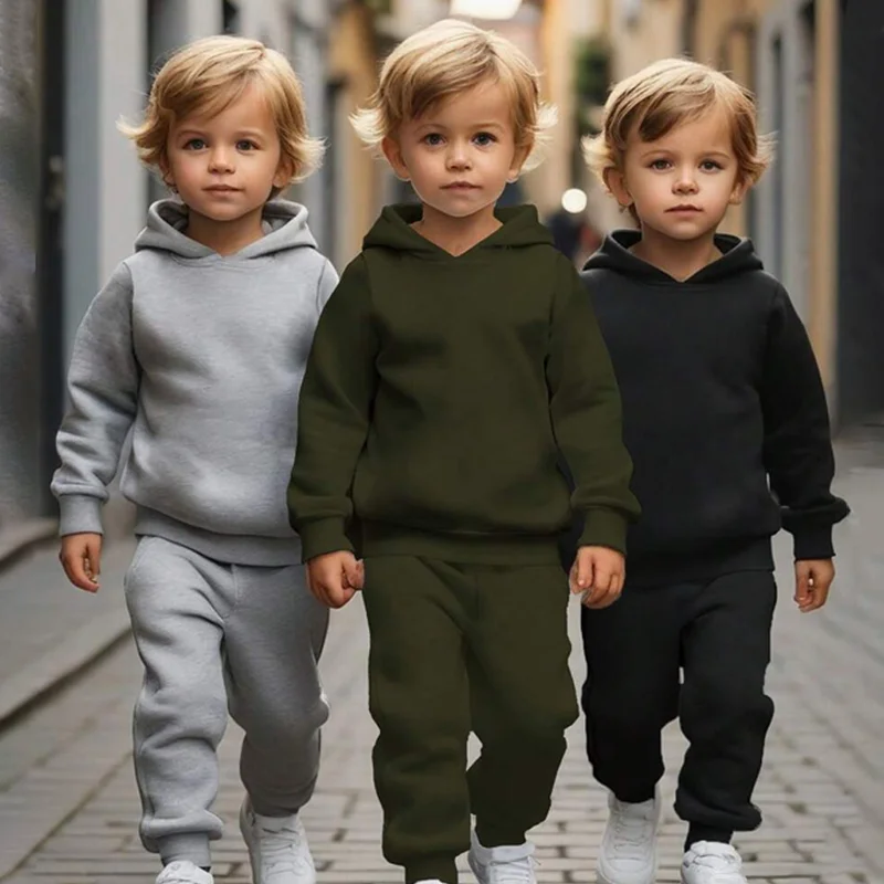 Wholesale Organic Cotton Hooded Children Sweatshirt 2pcs Long Sleeve Shirt Pants Solid Design Kids Tracksuits