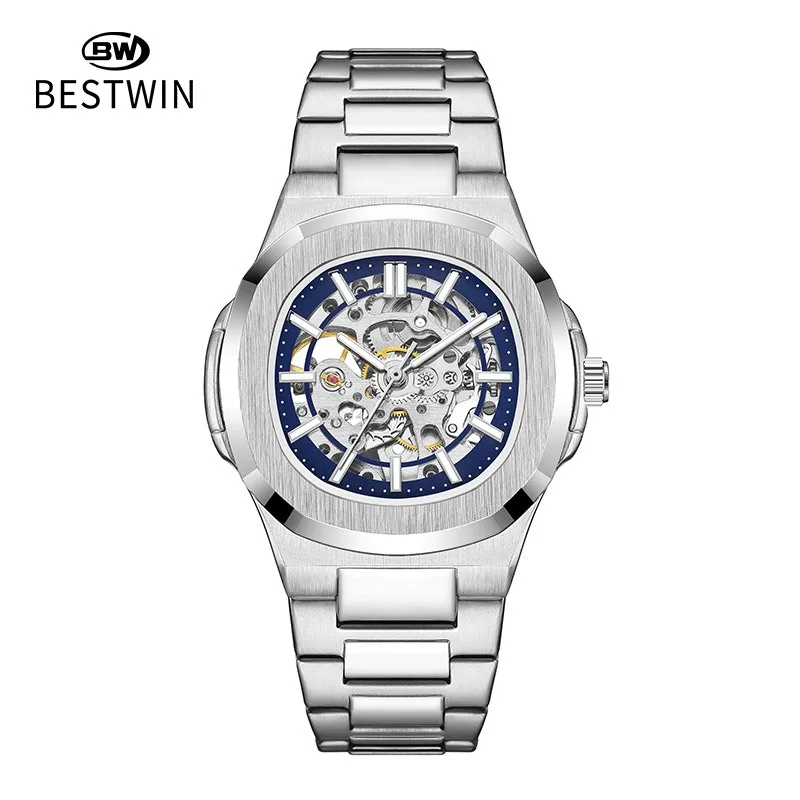 New Design Mechanical Movement Stainless Steel Band Custom logo Branded Black and Golden Color Fully Automatic Watch for Men