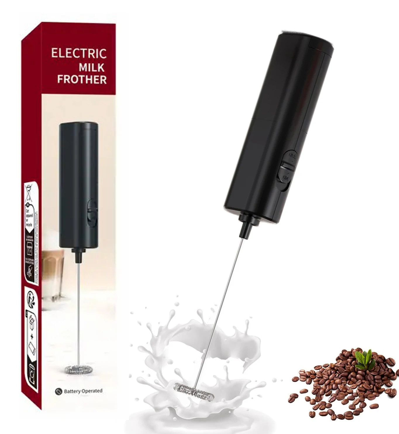 Electric Foam Maker with Stainless Steel Whisk Milk Frother Handheld Battery Operated, Stirrer Coffee Wand