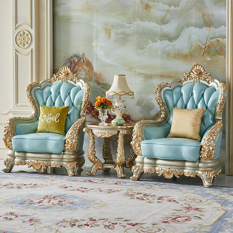 European solid wood leather sofa American double-sided carving luxury villa living room sofa combination 123 high-grade French