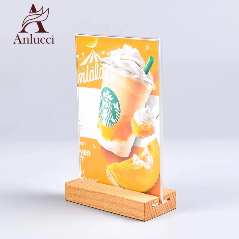 Wholesale price custom Table Sign Display Holders acrylic card display holder with wooden stands