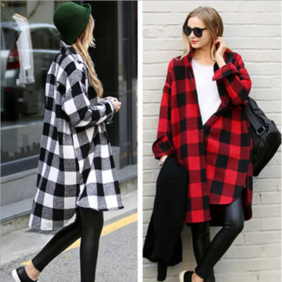 
new wholesale women casual cotton flannle oversize long plaid shirts 