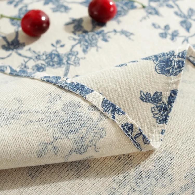 Fashionable Cotton Linen Tablecloths Blue Floral Pastoral Style Toile De Jouy Fabric For Slipcovers