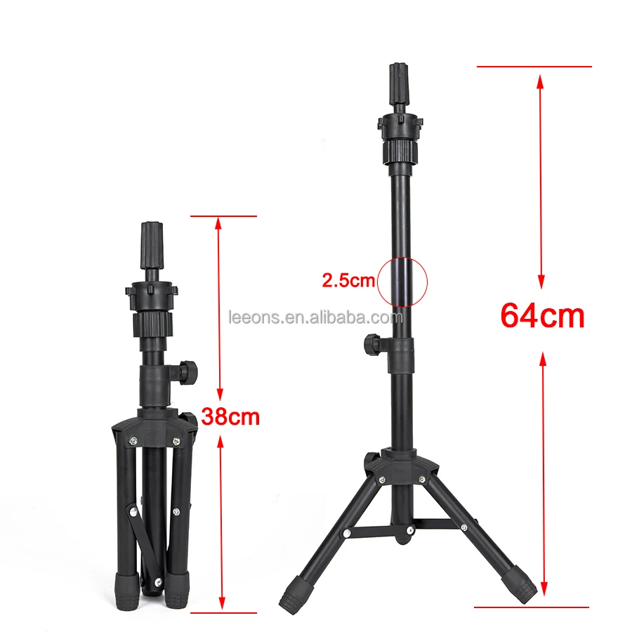 Leeons Portable Stainless Steel Black Adjustable Mannequin Head Stand Tripod Lightweight Mini Wig Table Tripod for Wigs Making