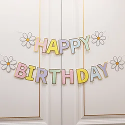 Macaron Smile Daisy theme Happy Birthday Party Banner Decorations Supplies for Kids Girls Foil Balloon Flower Paper Banner