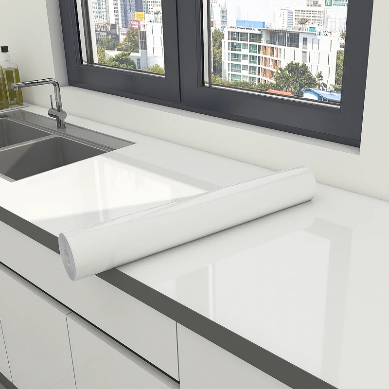 Self Adhesive Wallpaper Wall Sticker Wallpaper White PVC Glossy Wallpaper For Kitchen Cabinet Peel and Stick Wall Stickers