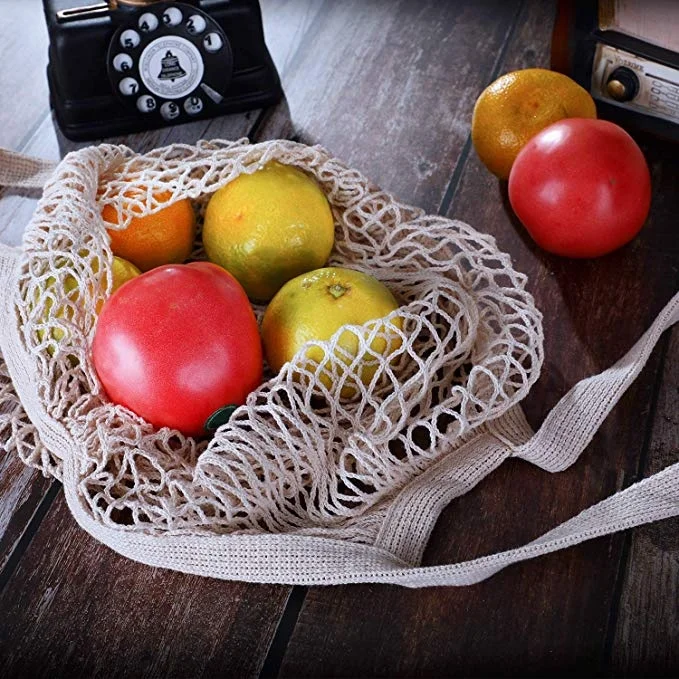 Многоразовые сетчатые сумки для продуктов покупок из органического хлопка с длинной ручкой хранения фруктов и овощей