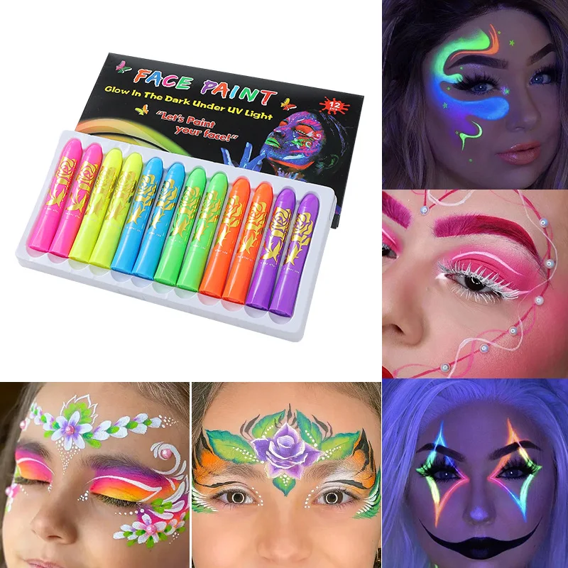 Cross border exclusive supply of 12 color fluorescent human body paint pens, dance balls, Halloween water-based pigment face col