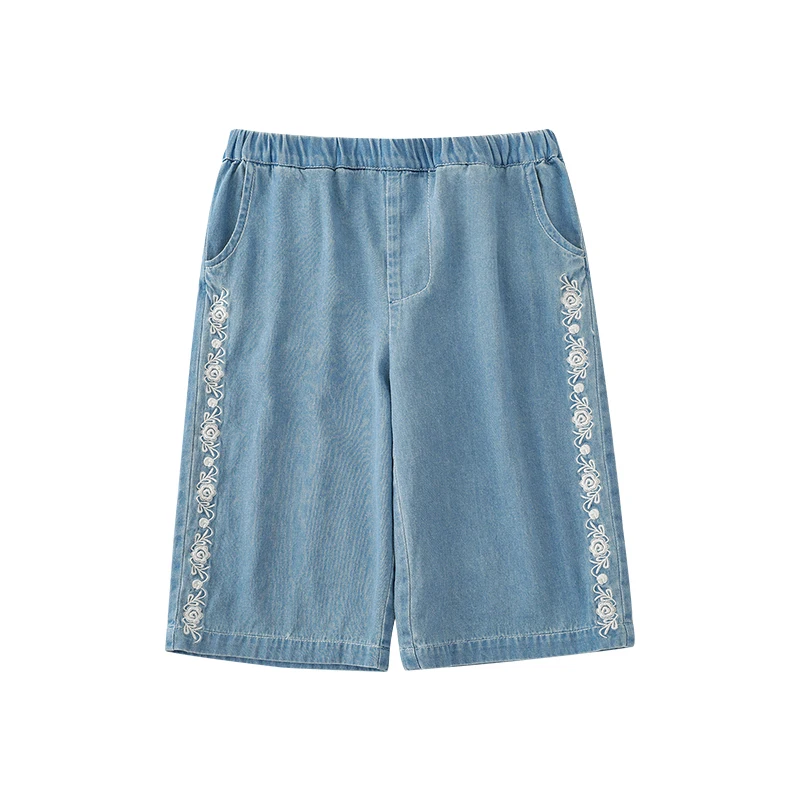 oem kids girls wide-leg jean pants with embroidered side lace trim custom baby denim trousers odm children casual  RTS pants