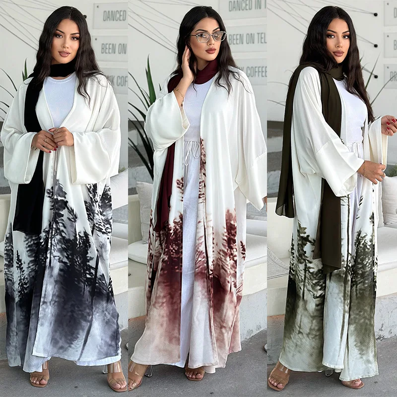 Dubai fashion style tie-dye forest pattern anti-pilling polyester fabric open long turkish muslim women abaya dresses