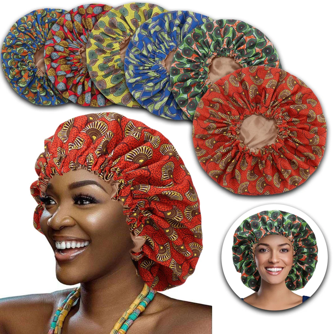 Wholesale Cheap Price Custom Oversized Satin Hair Bonnets African Printed Double Layer Head Wraps Womens Large Sleeping Caps