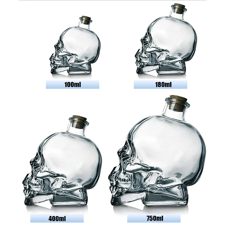Low MOQ stock 100ml 180ml 400ml 750ml liquor spirits brandy xo wine glass bottles decanter skull whiskey bottle with cork lids