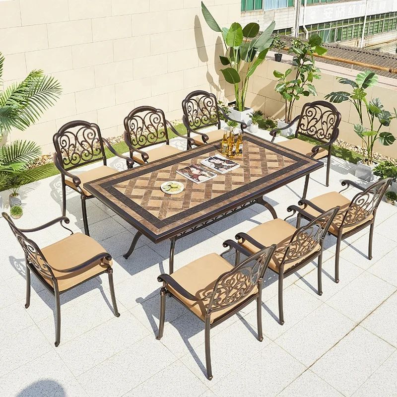 Luxury 9 Piece Porch Restaurant Dining Set Furniture Outdoor Patio Garden Cast Aluminum Table and 8 Seater Chairs